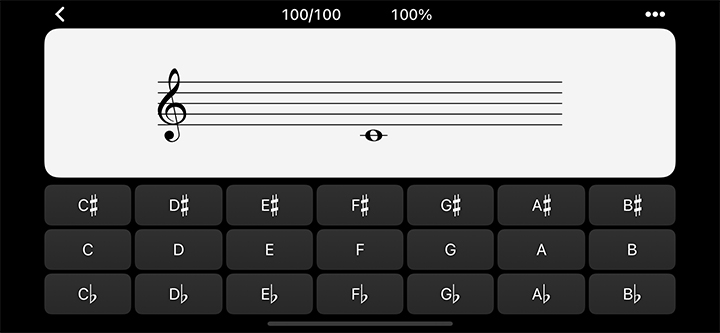 note identification practice in the tenuto app, showing 100 out of 100 correct